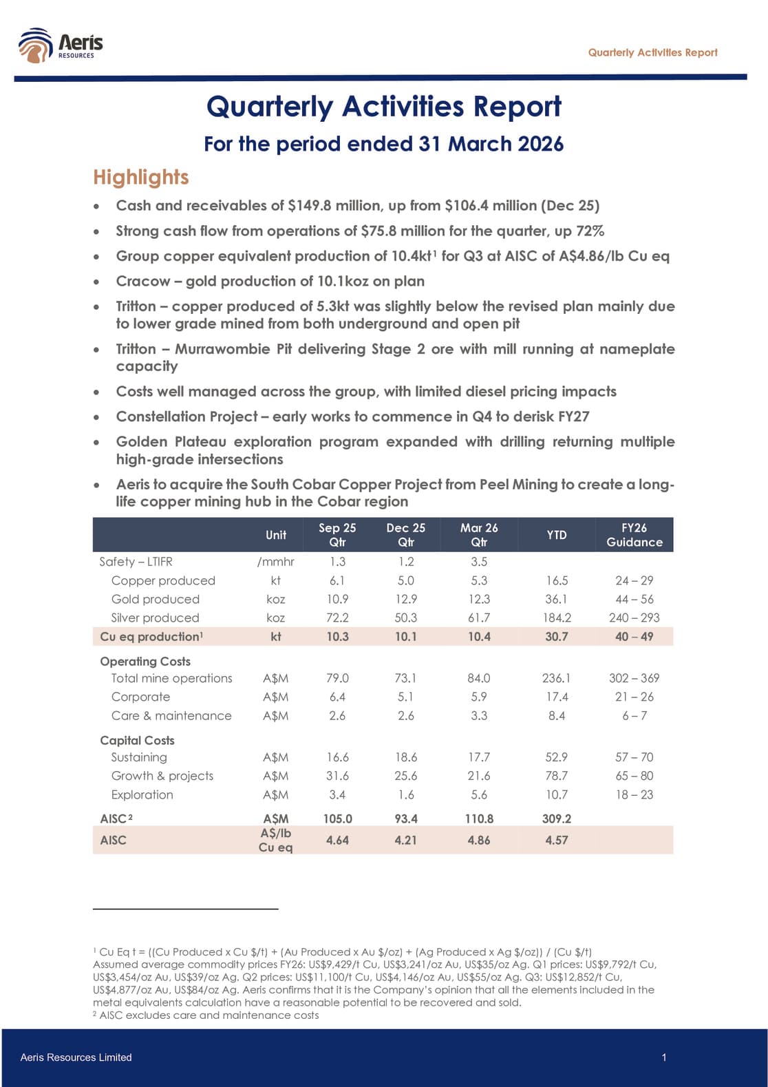 QUARTERLY ACTIVITIES REPORT - MAR 2026